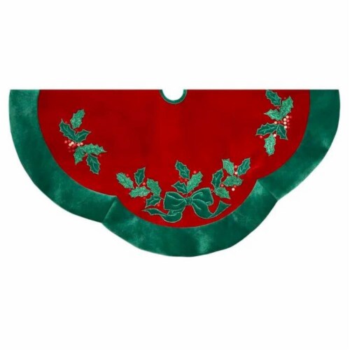 Christmas Holly Leaf And Bow Tree Skirt Red Green Glittered Leaves H5244 Perspective: back
