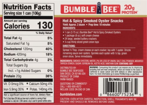 Bumble Bee® Hot & Spicy Smoked Shucked Oysters Perspective: back