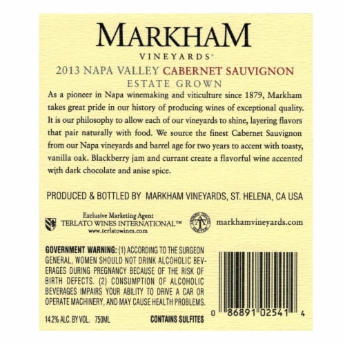 Markham Vineyards Cabernet Sauvignon Perspective: back