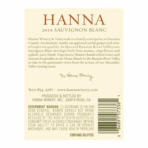 Hanna Russian River Valley Sauvignon Blanc White Wine Perspective: back