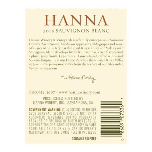 Hanna Russian River Valley Sauvignon Blanc White Wine Perspective: back