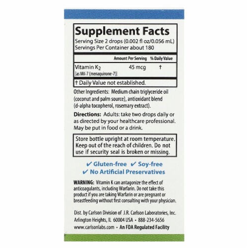 Carlson Liquid Vitamin K Super Daily K2 45 mcg - 0.34 fl oz (10.16 ml) Perspective: back