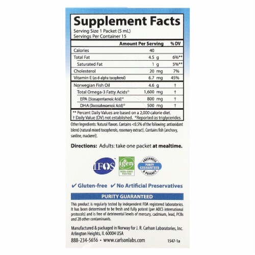 Carlson Norwegian The Very Finest Fish Oil Natural Lemon 1 600 mg 15