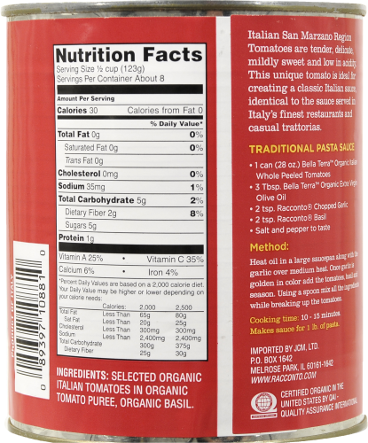 Bella Terra Organic Italian Whole Peeled Tomatoes Perspective: back