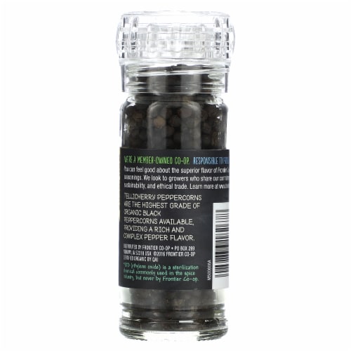 Frontier Gourmet Black Peppercorns, Tellicherry CERTIFIED ORGANIC 1.76 oz Grinder Bottle (a) Perspective: back