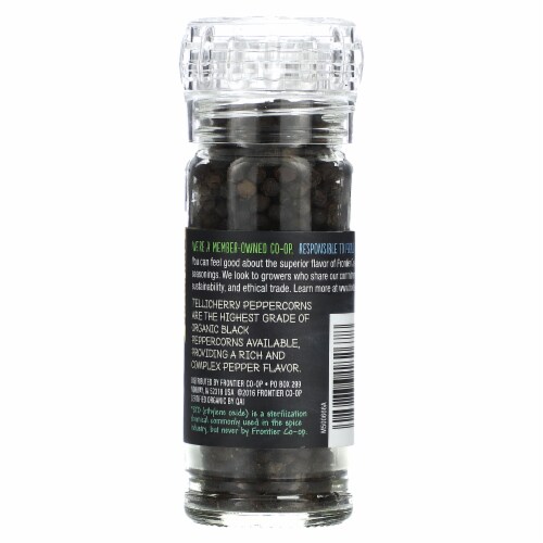 Frontier Gourmet Black Peppercorns, Tellicherry CERTIFIED ORGANIC 1.76 oz Grinder Bottle (a) Perspective: back