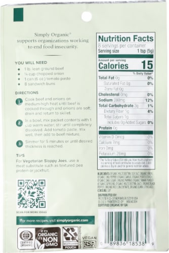 Simply Organic, Sloppy Joe, Seasoning Mix, CERTIFIED ORGANIC Perspective: back