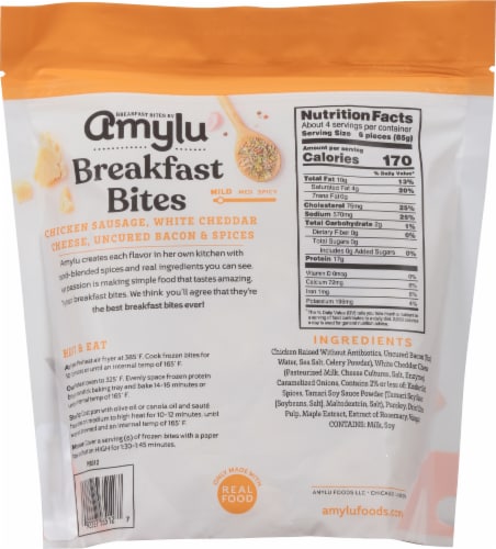 Amylu Breakfast Bites White Cheddar & Uncured Bacon Chicken Sausage Perspective: back