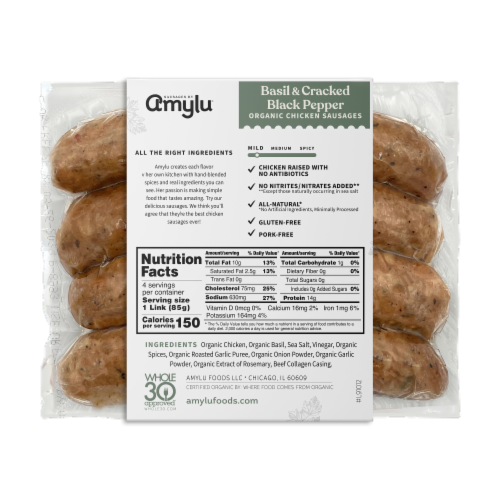 Amylu® Organic Basil & Cracked Black Pepper Chicken Sausages Perspective: back