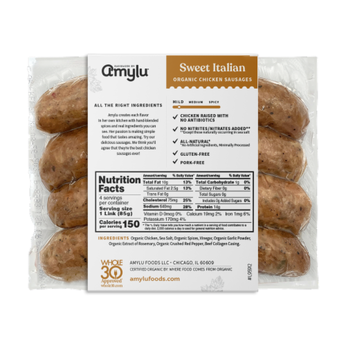 Amylu® Organic Sweet Italian Chicken Sausages Perspective: back
