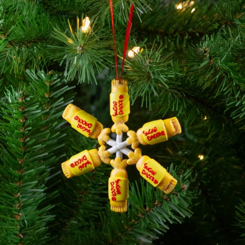 Northlight 4 Yellow and Red Tootsie Roll Sugar Daddy Lollipop Snowflake Christmas Ornament Perspective: back