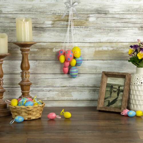 Northlight 15 Pastel Pink, Yellow and Blue Floral Striped Spring Easter Egg Cluster Hanging Perspective: back