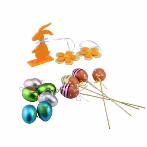 Northlight Set of 13 Vibrantly Colored Easter Egg, Flower and Bunny Spring Decorations 10 Perspective: back