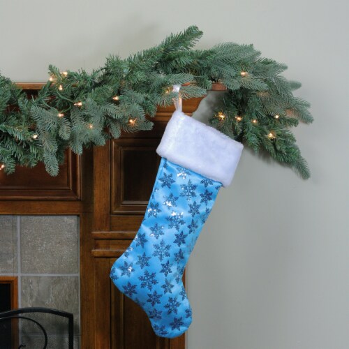 Northlight 20.5  Ice Palace Blue Sequin Snowflake Christmas Stocking with White Faux Fur Cuff Perspective: back