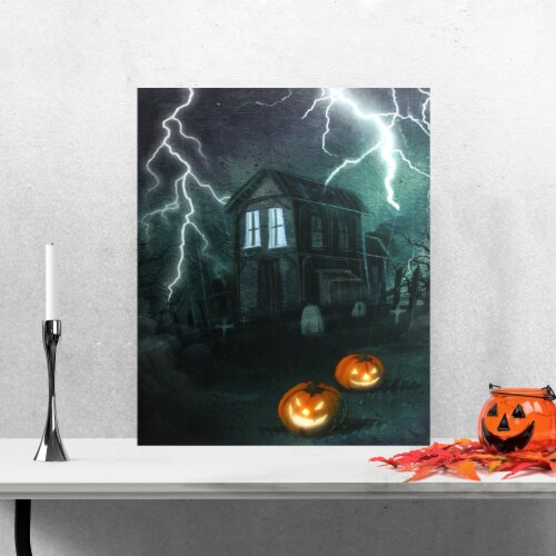 Northlight Black and Orange LED Lighted Halloween Haunted House with Jack-O'-Lanterns Wall Perspective: back
