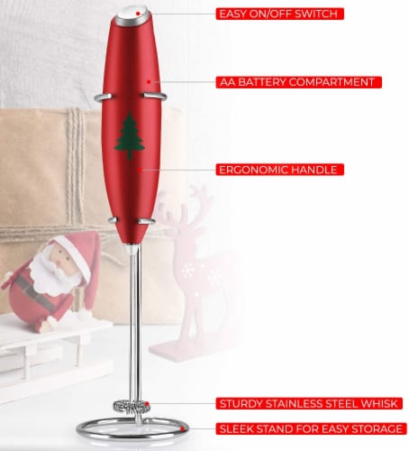 Zulay Kitchen Milk Frother With Stand (Christmas Edition) Christmas Red Perspective: back