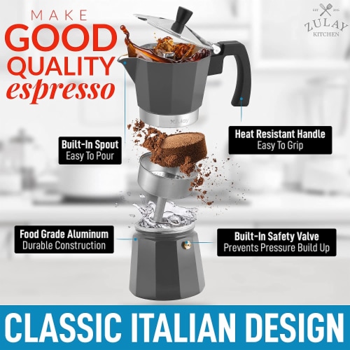 Zulay Kitchen Classic Stovetop Italian Style Espresso Maker 2020 Model - Dark Grey Perspective: back