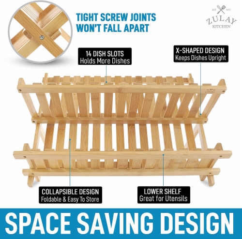 Zulay Kitchen Foldable Bamboo Dish Drying Rack - 2-Tier Perspective: back