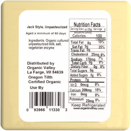 Organic Valley Raw Jack Style Cheese Perspective: back