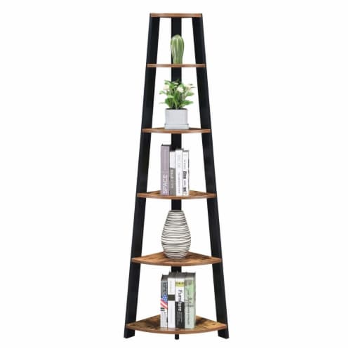 Newport Five-Tier Corner Bookshelf in Nutmeg Wood Finish with Black Wood Frame Perspective: back