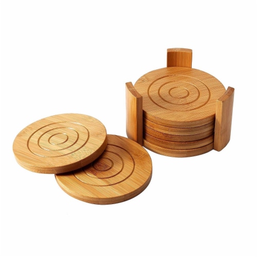 Juvale 6-Pack Round Bamboo Coasters Set with Holder -  Tan, 4.3 Inches Perspective: back