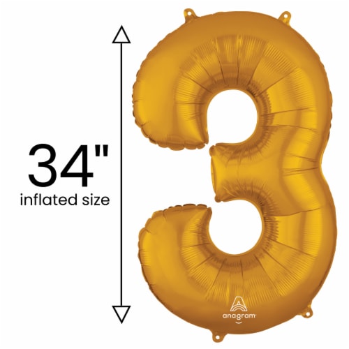 GOLD NUMBER 3 Helium Filled Balloon - 34 inches BIG Perspective: back