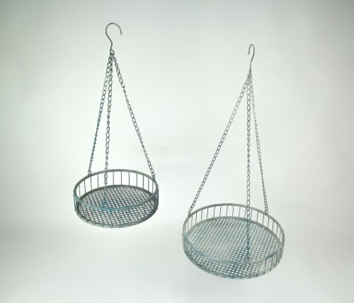 Set of 2 Weathered Gray Metal Mesh Hanging Plant Stands / Baskets Perspective: back