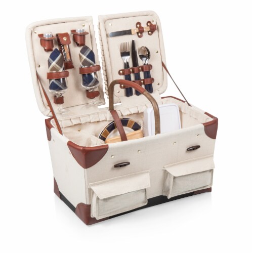 Pioneer Picnic Basket, Beige Canvas with Navy Blue & Brown Accents Perspective: back