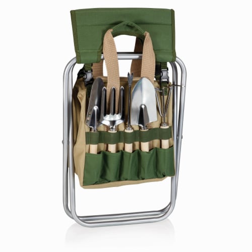 Gardener Folding Seat with Tools, Olive Green with Beige Accents Perspective: back