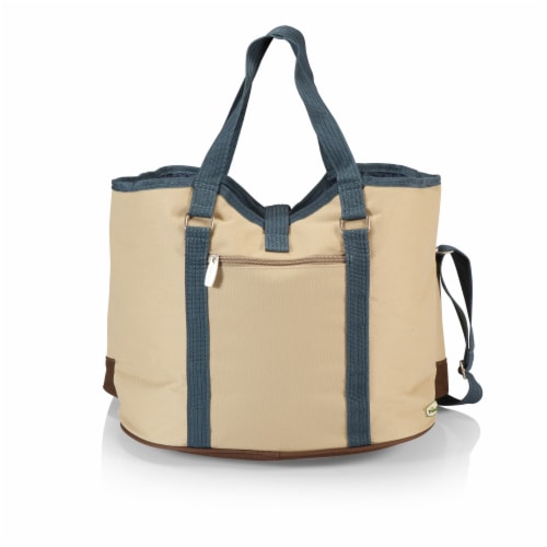 Wine Country Tote – Wine & Cheese Picnic Tote, Beige Canvas with Navy Blue & Brown Accents Perspective: back