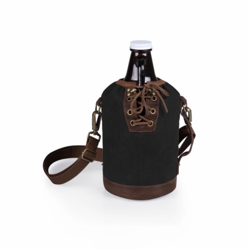Insulated Growler Tote with 64 oz. Glass Growler, Black with Brown Accents & Glass Growler Perspective: back