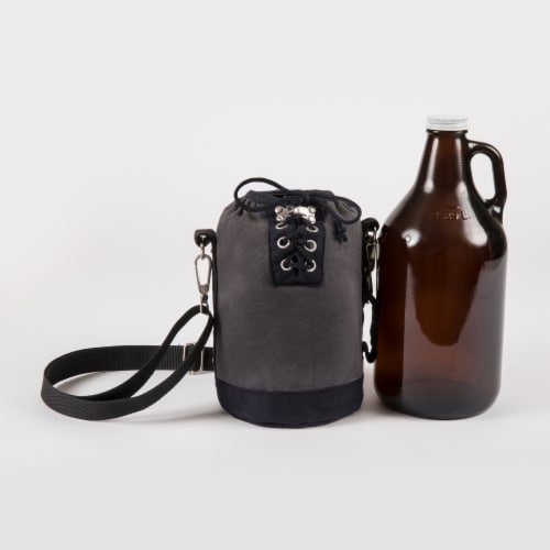 Insulated Growler Tote with 64 oz. Glass Growler, Gray with Black Accents & Glass Growler Perspective: back