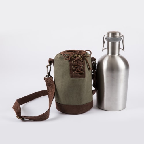 Insulated Growler Tote with 64 oz. Stainless Steel Growler, Khaki Green Perspective: back