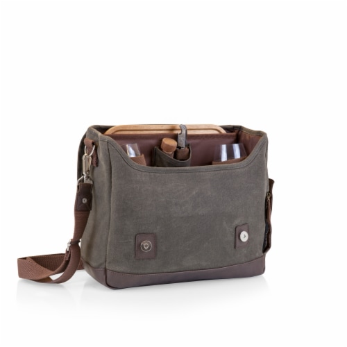 Adventure Wine Tote, Khaki Green with Brown Accents Perspective: back