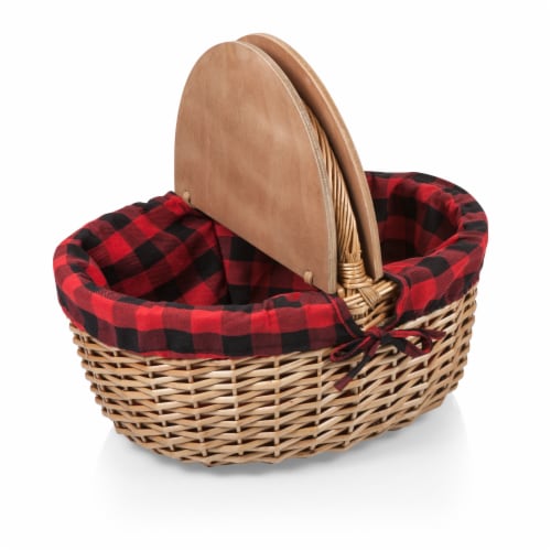 Country Picnic Basket, Red & Black Buffalo Plaid Pattern Perspective: back