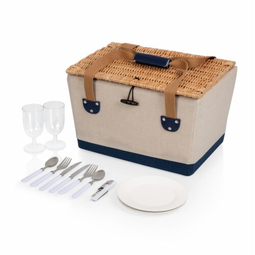 Boardwalk Picnic Basket, Beige Canvas with Navy Blue Accents Perspective: back