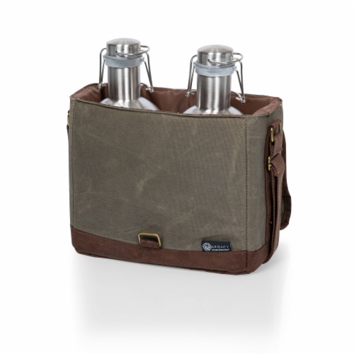 Insulated Double Growler Tote with 64 oz. Stainless Steel Growlers, Khaki Green Perspective: back