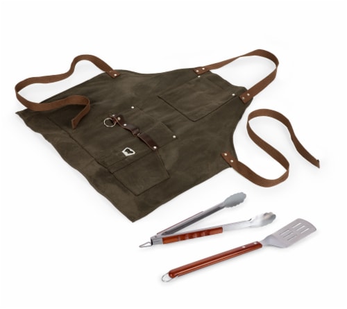 BBQ Apron with Tools & Bottle Opener, Khaki Green with Beige Accents Perspective: back