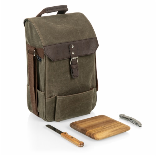 2 Bottle Insulated Wine & Cheese Cooler with Cheese Board, Knife & Corkscrew, Khaki Green Perspective: back