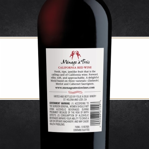 Menage a Trois Red Blend California Red Wine 750 ml Perspective: back