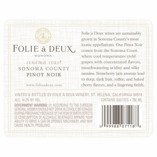 Folie a Deux Pinot Noir Red Wine Perspective: back