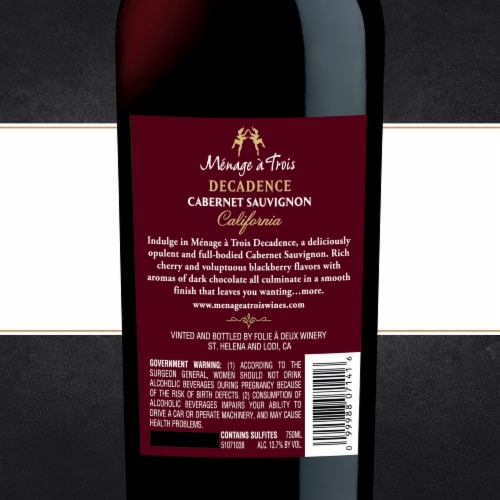 Menage a Trois Decadence Cabernet Sauvignon California Red Wine Perspective: back