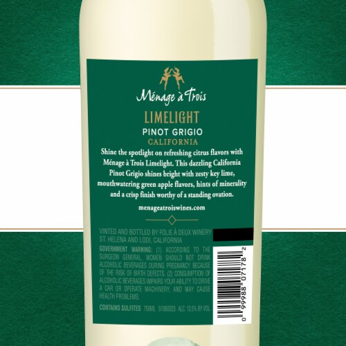 Menage a Trois Limelight Pinot Grigio California White Wine 750 ml Perspective: back