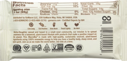 GoMacro® MacroBar® Peanut Butter Chocolate Chip Protein Bar Perspective: back