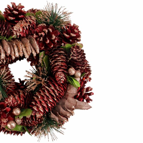 Northlight Dusty Rose and Red Pine Cones Glitter Artificial Christmas Wreath, 10-Inch, Unlit Perspective: back