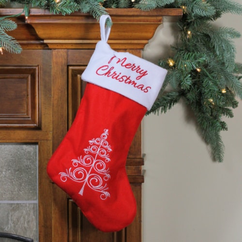 Northlight 15.75  Red and White Merry Christmas Tree Stocking with Cuff Perspective: back