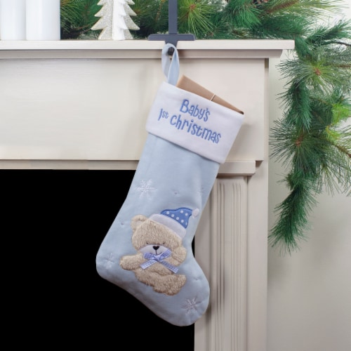 Northlight 19 Blue and White Baby's 1st Christmas Embroidered Teddy Bear Christmas Stocking Perspective: back