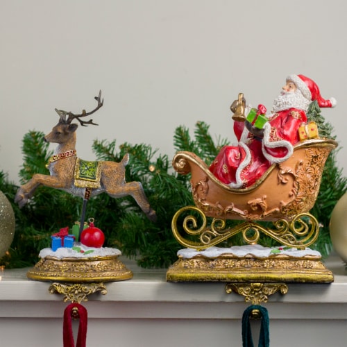 Northlight Set of 2 Gold Santa and Reindeer Glittered Christmas Stocking Holders 9.5” Perspective: back