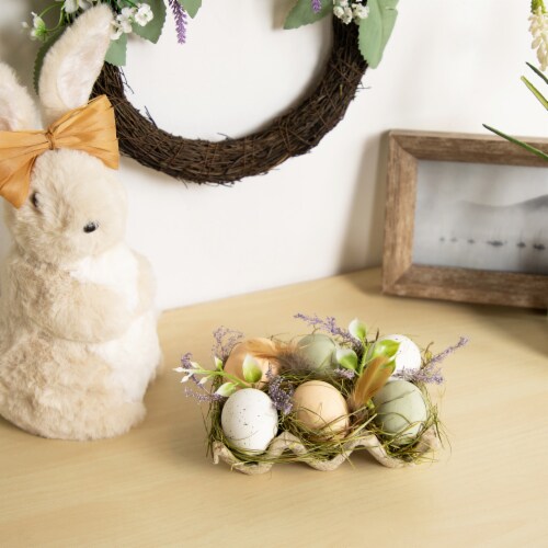 Northlight Pack of 6 Assorted Easter Eggs with Carton and Grass Decoration Perspective: back
