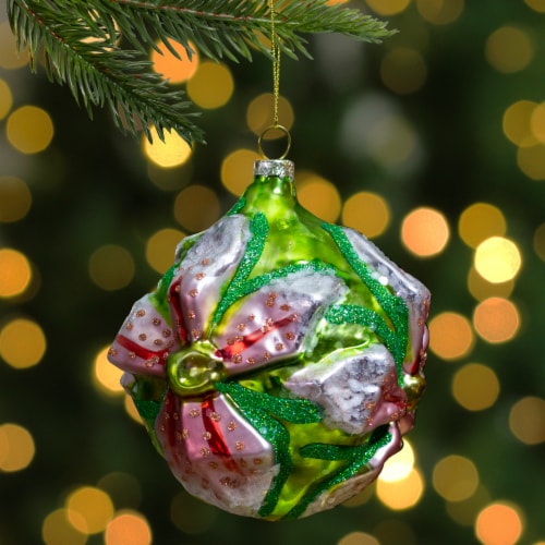 Northlight 4  Pink and Green Glittered 3D Flower Glass Christmas Ornament Perspective: back